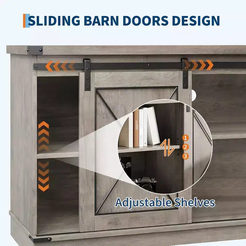 Meuble TV de style ferme pour téléviseurs jusqu'à 65 pouces, meuble de divertissement avec portes coulissantes de grange et armoires de rangement, console multimédia pour salon, chambre à coucher