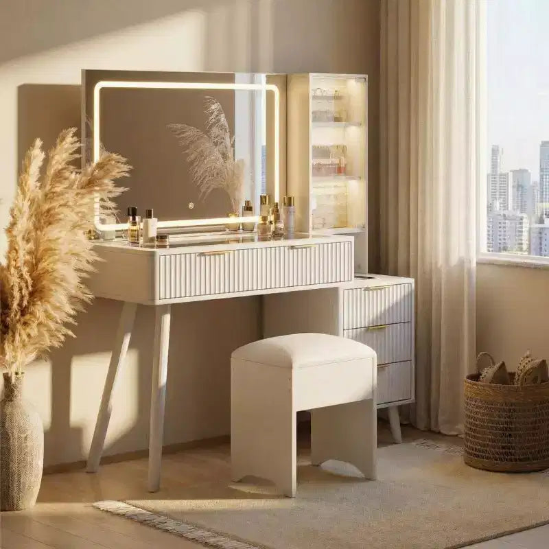 Coiffeuse cannelée de 122 cm avec miroir et lumières LED, station de charge, tabouret de rangement rembourré pour chambre à coucher