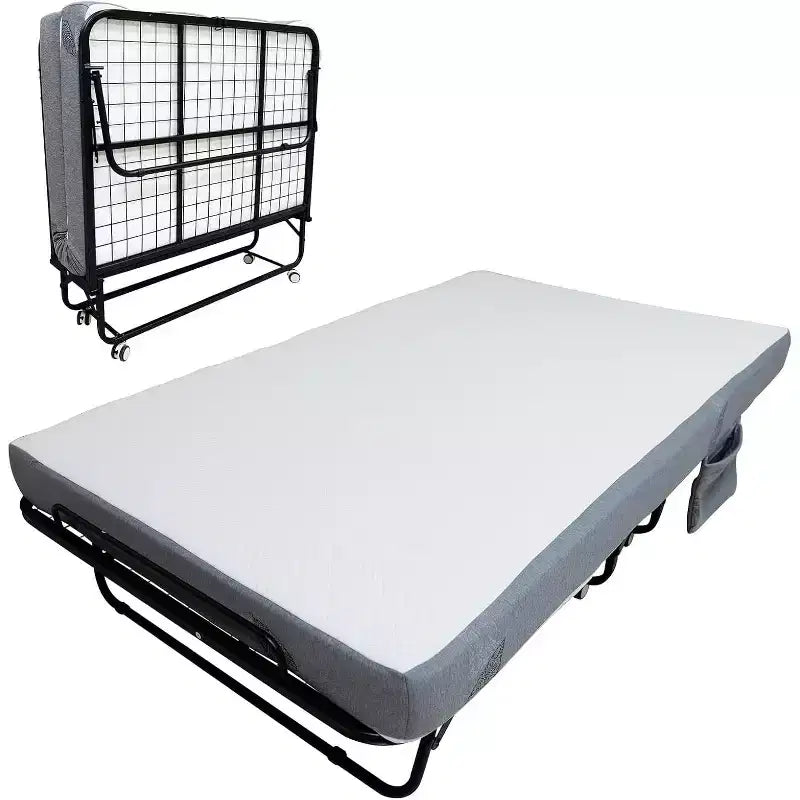 Lit pliant avec matelas pour adultes, lits d'appoint portables, lit pliant avec cadre en métal, matelas en mousse à mémoire de forme 5 et poche de rangement latérale