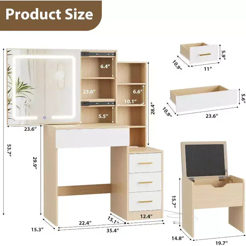 Coiffeuse moderne DobleePy avec miroir coulissant et lumières LED, 4 tiroirs, 7 étagères, station de recharge et tabouret, table de maquillage pour chambre à coucher