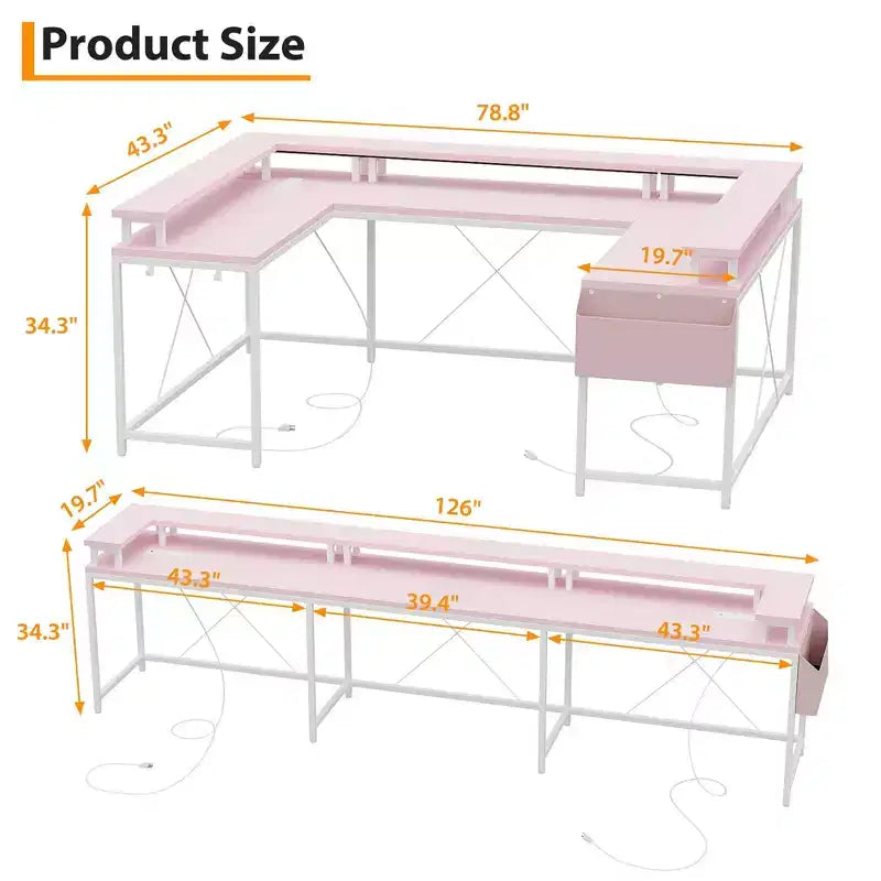 COZONY Bureau de jeu en forme de U/L 78", bureau d'ordinateur réversible avec prises de courant, lumières LED, support de moniteur et étagère de rangement, bureau d'angle pour le bureau à domicile