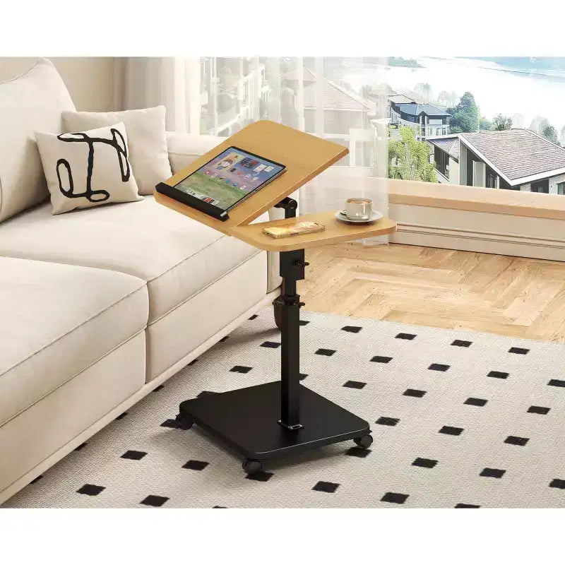 1 Table d'appoint en C, Table de lit à roulettes réglable en hauteur, Table de canapé multi-usage et Bureau d'ordinateur portable pour petits espaces