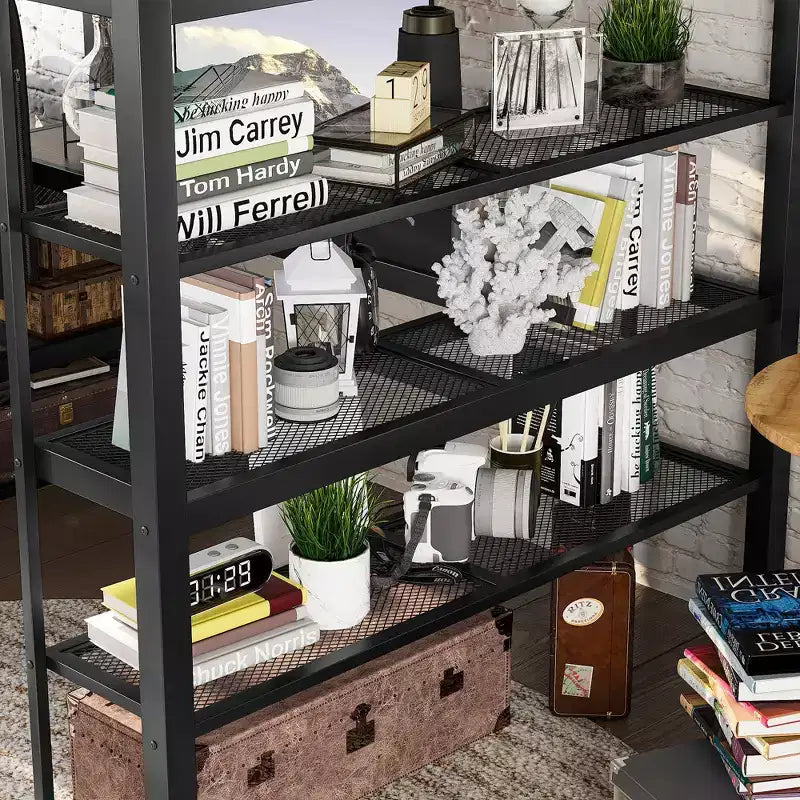Bellemave Lit mezzanine queen en métal avec bureau, étagères de rangement et tringle à vêtements, cadre de lit mezzanine peu encombrant avec garde-corps et échelle, sans sommier tapissier, noir