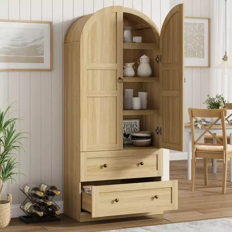 71 bibliothèque haute avec arche, bibliothèque arquée en bois avec portes et tiroirs, grande bibliothèque arquée de présentation avec rangement, convient pour le bureau et le salon
