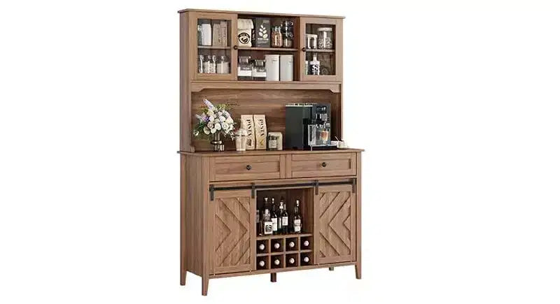 Meuble de bar de ferme 72 po avec porte coulissante de style grange Grand buffet de cuisine avec huche, station de recharge, 2 tiroirs et 8 étagères de rangement Café