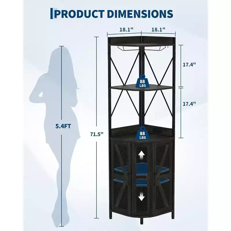 Meuble de bar d'angle Garvee à 5 niveaux, meuble à liqueurs de 181,6 cm de haut avec lumières LED pour la maison