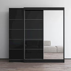 Armoire 2 portes avec miroir, façade vitrée, 2 personnes (Gris / Noir / Blanc)