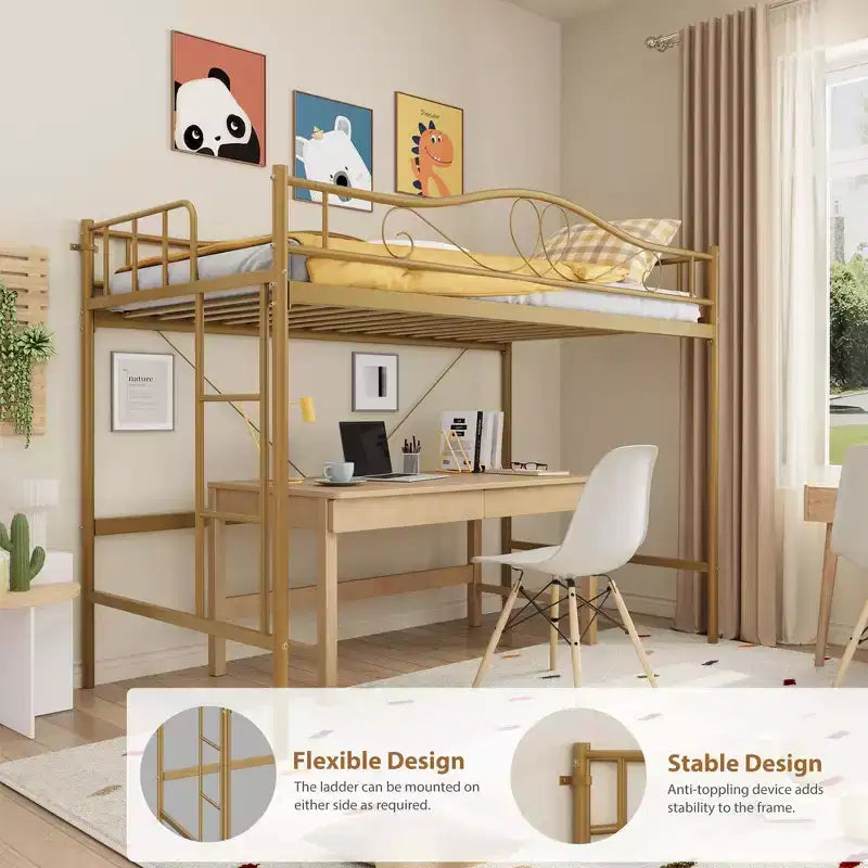 Lit mezzanine double avec échelle amovible et garde-corps de sécurité intégral, lit mezzanine double avec cadre en métal robuste d'une capacité de 180 kg, gain de place.