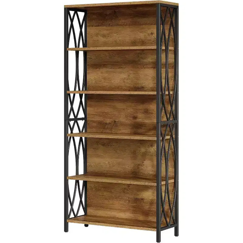 Bibliothèque industrielle Lantine 70.87, étagère à 6 niveaux avec cadre métallique géométrique et étagères de rangement ouvertes pour bureau à domicile, salon, marron