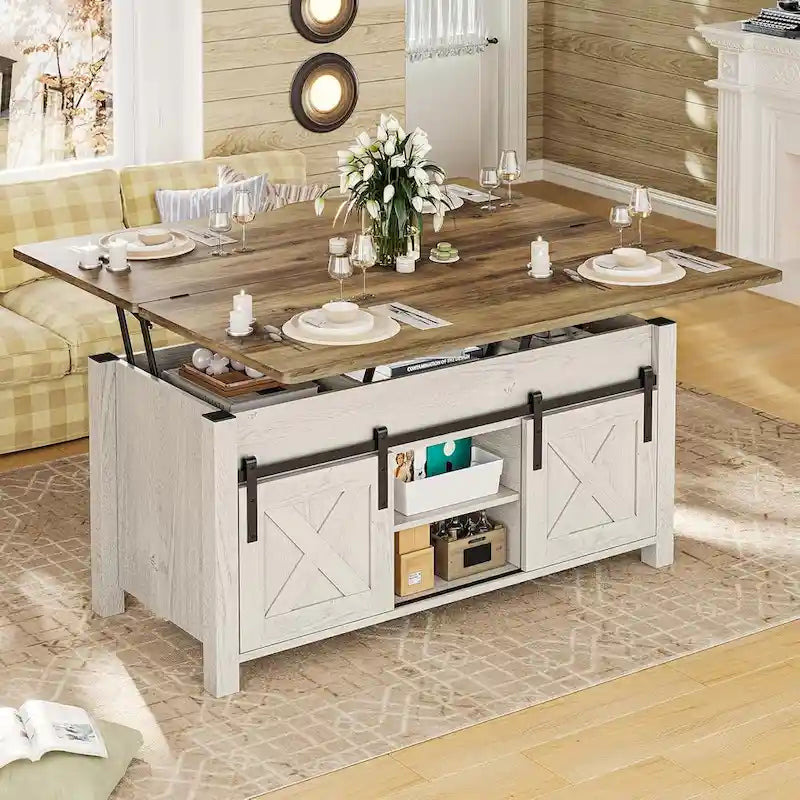 Table basse relevable 2 portes coulissantes style grange Table à manger avec rangement