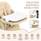 Chaise haute pliable pour bébés et tout-petits, chaise haute en cuir PU avec dossier réglable, hauteur d'assise, plateau amovible, harnais de sécurité 5 points et roues verrouillables