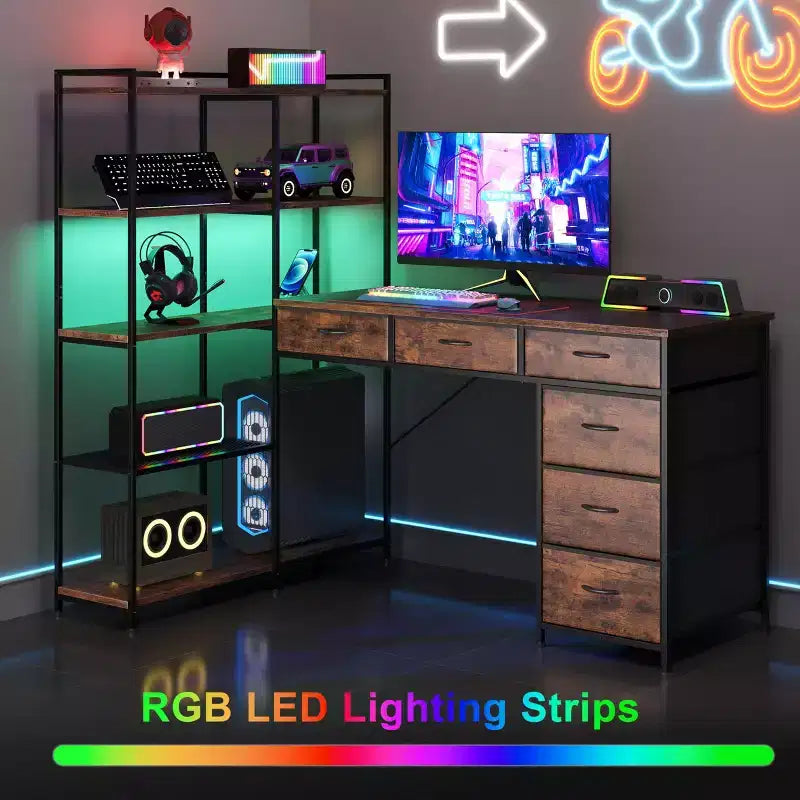 Bureau d'ordinateur en L de 120 cm avec 6 tiroirs et 5 étagères, bureau de jeu d'angle réversible avec lumières LED et prises de courant