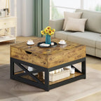 Table basse carrée à plateau relevable Moasis Farmhouse avec étagère de rangement pour salon