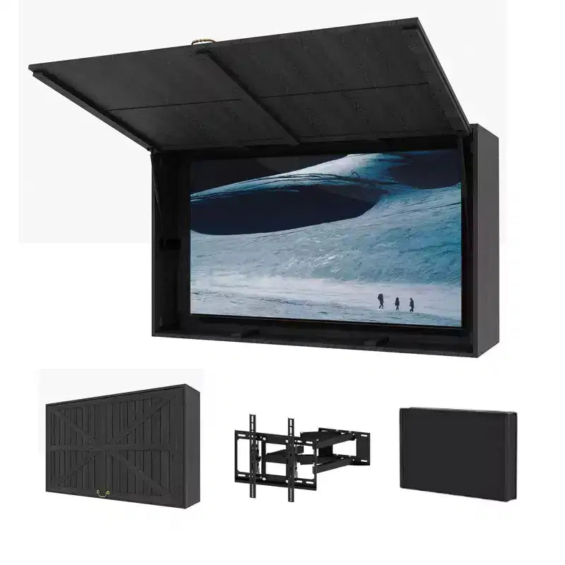 Meuble TV d'extérieur 55 pouces, cache-télévision en bois massif résistant aux intempéries avec support réglable 4D et porte rabattable (convient aux téléviseurs de 44 à 55 pouces)