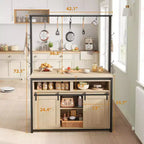 Îlot de cuisine, étagère de boulanger avec porte de grange coulissante, grand îlot de cuisine de 107 cm avec support à micro-ondes à 3 niveaux, étagères pour four et table de coin café