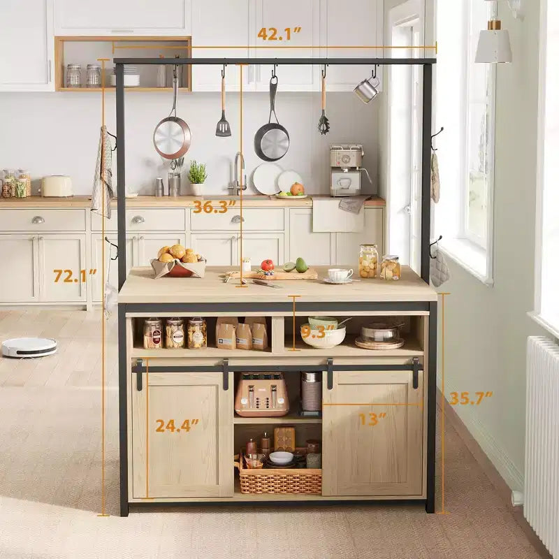 Îlot de cuisine, étagère de boulanger avec porte de grange coulissante, grand îlot de cuisine de 107 cm avec support à micro-ondes à 3 niveaux, étagères pour four et table de coin café