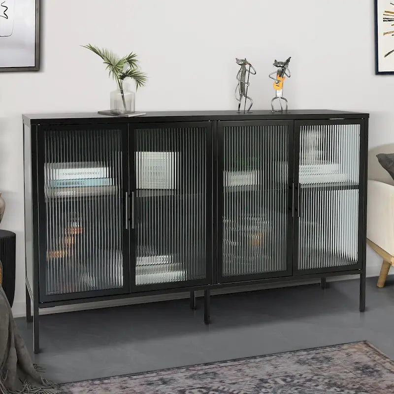 Meuble en métal et verre trempé avec étagère réglable