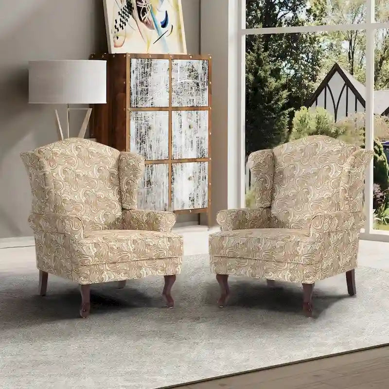 2 fauteuils d'appoint à dossier haut traditionnels, revêtus de tissu
