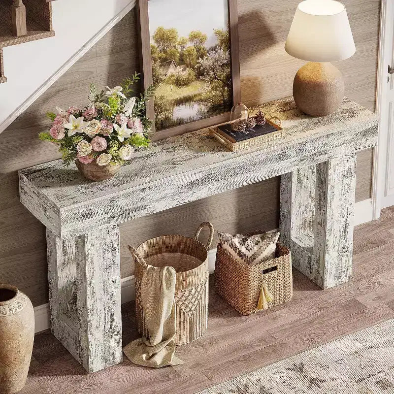 Console de ferme de 63 po, table d'appoint rectangulaire en bois blanc vieilli pour entrée, couloir et salon.