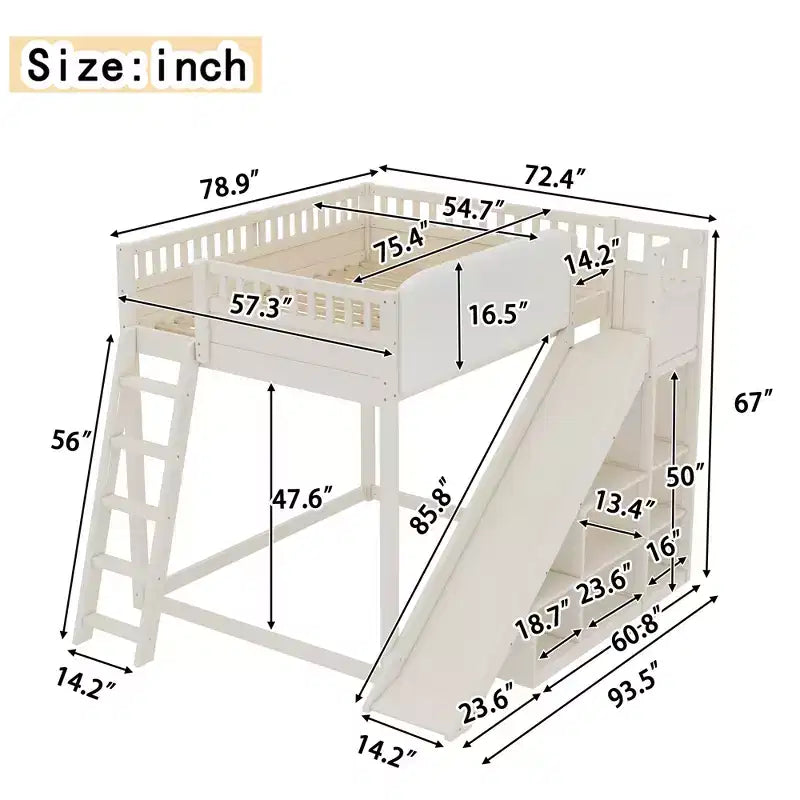 Lit mezzanine Bellemave avec tête de lit rembourrée et étagères de rangement, cadre de lit mezzanine en bois massif avec échelle et toboggan pour enfants