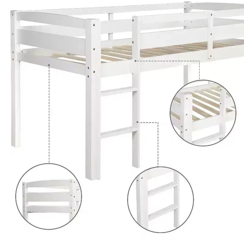 Lit mezzanine simple en bois massif Luxystar avec échelle et barrière de sécurité pour chambre d'enfant