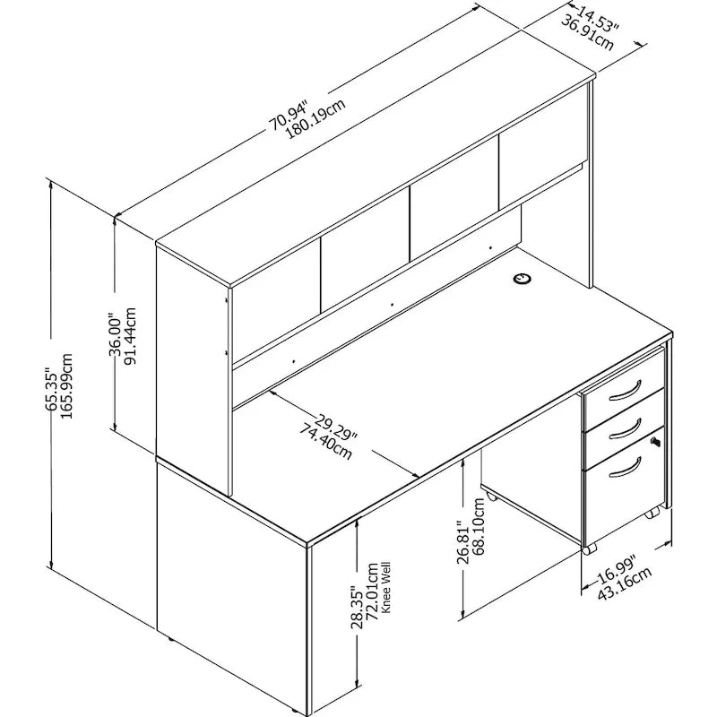 Bureau de 72 po avec huche et caisson mobile à 3 tiroirs