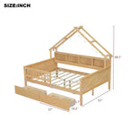 Cadre de lit maison pleine grandeur avec tiroirs, lit plate-forme maison avec lumières LED, étagères de rangement et tiroirs, lit de repos en bois avec toit et garde-corps