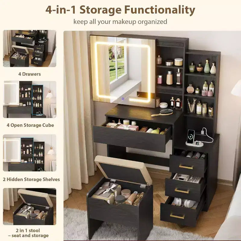 Coiffeuse moderne DobleePy avec miroir coulissant et lumières LED, 4 tiroirs, 7 étagères, station de recharge et tabouret, table de maquillage pour chambre à coucher