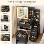 Coiffeuse moderne DobleePy avec miroir coulissant et lumières LED, 4 tiroirs, 7 étagères, station de recharge et tabouret, table de maquillage pour chambre à coucher