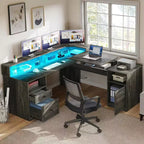Bureau d'angle en L Balconera avec tiroirs, bureau d'ordinateur d'angle de 60 pouces avec prises de courant et plateau élévateur avec armoire de rangement et lumières LED Gris