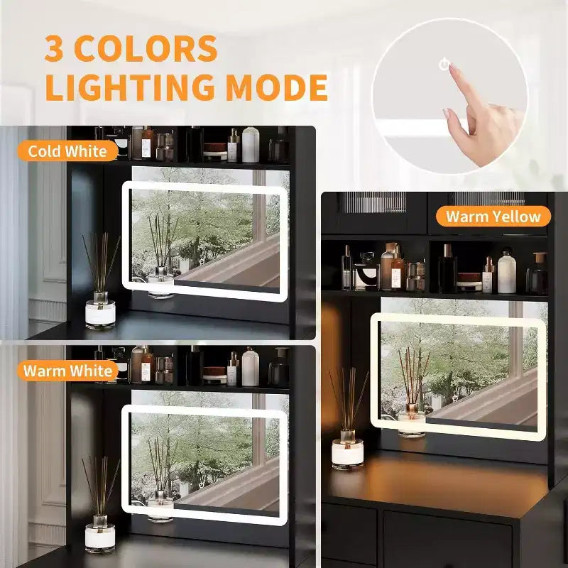 Coiffeuse 3-en-1 avec miroir lumineux, table de toilette compacte avec tiroirs, compartiment de rangement et tabouret roulant pour chambre à coucher