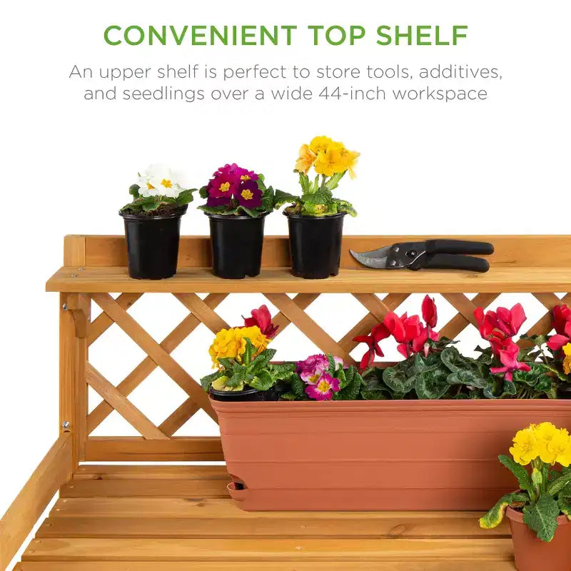 Table de rempotage de jardin en bois d'extérieur Best Choice Products, plan de travail avec tiroir de rangement et étagère ouverte