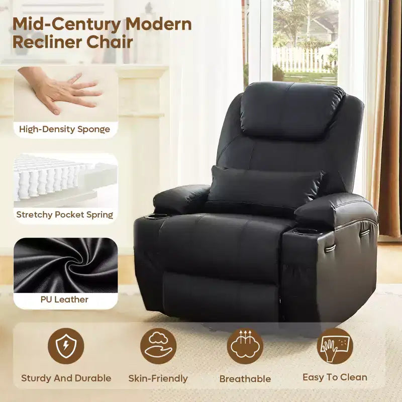 Fauteuil inclinable électrique avec fonction releveur, massage et chauffage Bestier 34,6 po, fauteuil inclinable en similicuir avec poches latérales et porte-gobelets