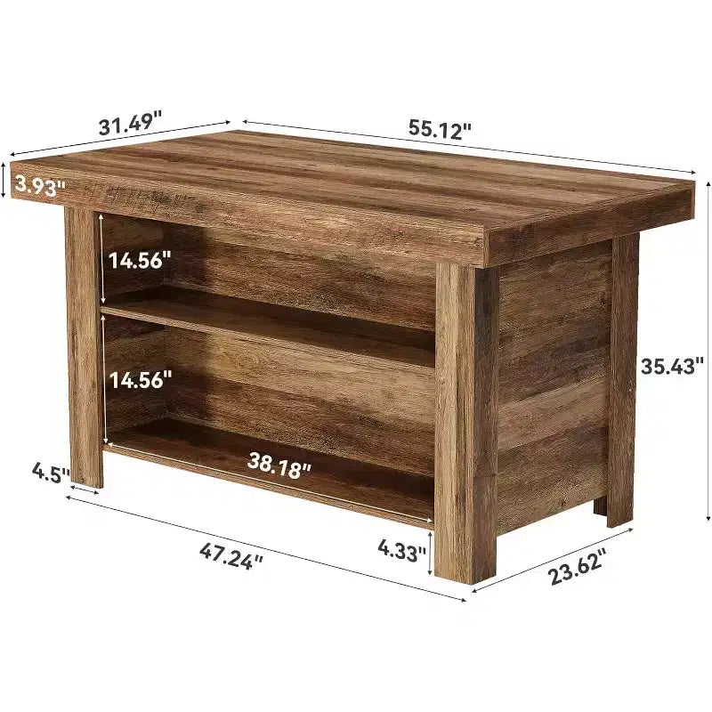 Lantine Table Îlot de Cuisine 140 cm avec Rangement, Table Îlot Fixe en Bois à 3 Niveaux, Table de Bar Moderne avec Étagère de Rangement pour Cuisine, Marron Rustique
