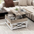 Table basse carrée à plateau relevable Moasis Farmhouse avec étagère de rangement pour salon