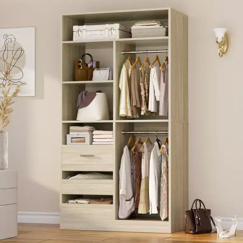 Organisateur de placard avec tiroirs en bois, système de rangement autoportant avec tringles de suspension