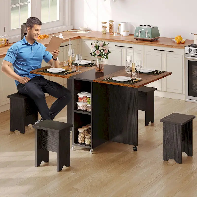 Ensemble de salle à manger pliant Moasis 5 ou 7 pièces avec table à rabats et tabourets de rangement, pour jusqu'à 6 personnes