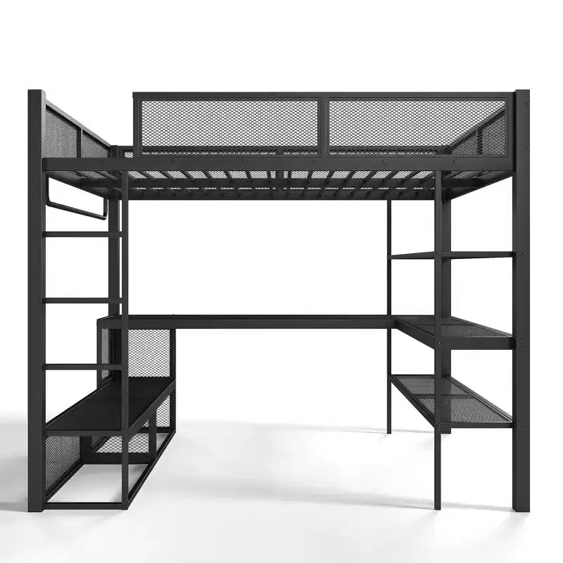 Bellemave Lit mezzanine queen en métal avec bureau, étagères de rangement et tringle à vêtements, cadre de lit mezzanine peu encombrant avec garde-corps et échelle, sans sommier tapissier, noir