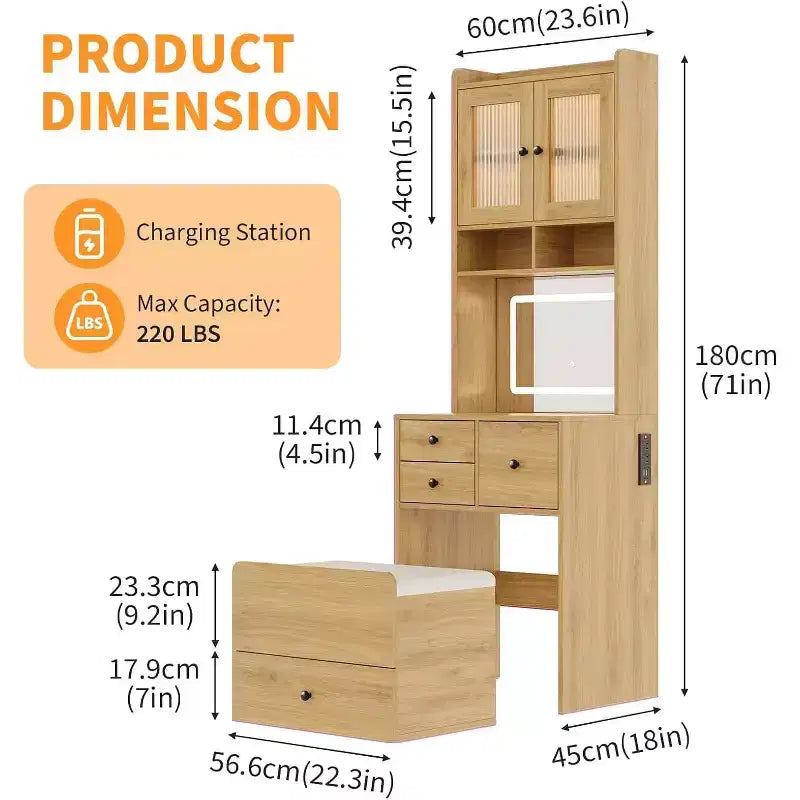 Coiffeuse 3-en-1 avec miroir lumineux, table de toilette compacte avec tiroirs, compartiment de rangement et tabouret roulant pour chambre à coucher