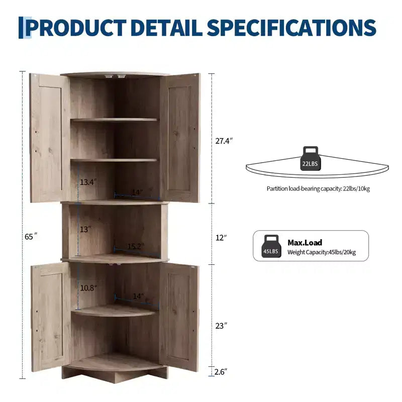 64,8" Meuble d'Angle Haut avec Portes, Armoire de Rangement d'Angle Marron Style Ferme, Meuble Garde-Manger d'Angle Autonome avec Étagères Réglables