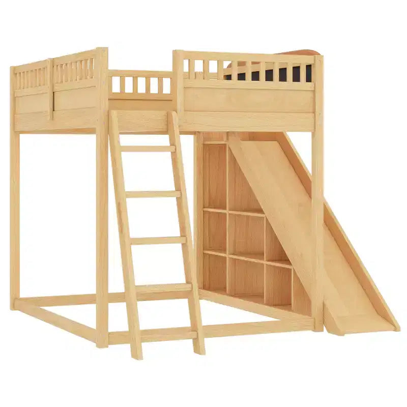 Lit mezzanine Bellemave avec tête de lit rembourrée et étagères de rangement, cadre de lit mezzanine en bois massif avec échelle et toboggan pour enfants