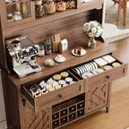 Meuble de bar de ferme 72 po avec porte coulissante de style grange Grand buffet de cuisine avec huche, station de recharge, 2 tiroirs et 8 étagères de rangement Café