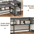 Bureau d'ordinateur en L, bureau de jeu avec tiroir à clavier, prises de courant et éclairage LED
