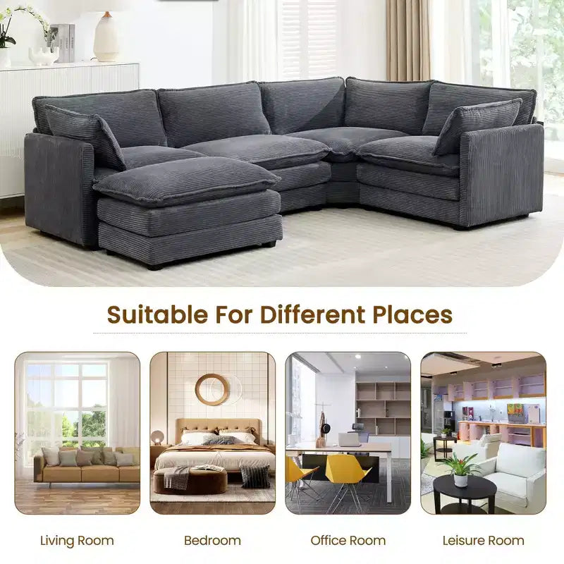 Canapé modulaire moderne 5 places en velours côtelé, surdimensionné, 113,4 po (L) x 79,13 po (l), avec pouf, canapé en U avec coin salon, HYLEORY
