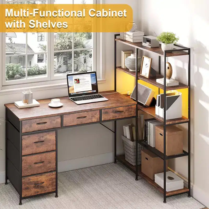 Bureau d'ordinateur en L de 120 cm avec 6 tiroirs et 5 étagères, bureau de jeu d'angle réversible avec lumières LED et prises de courant