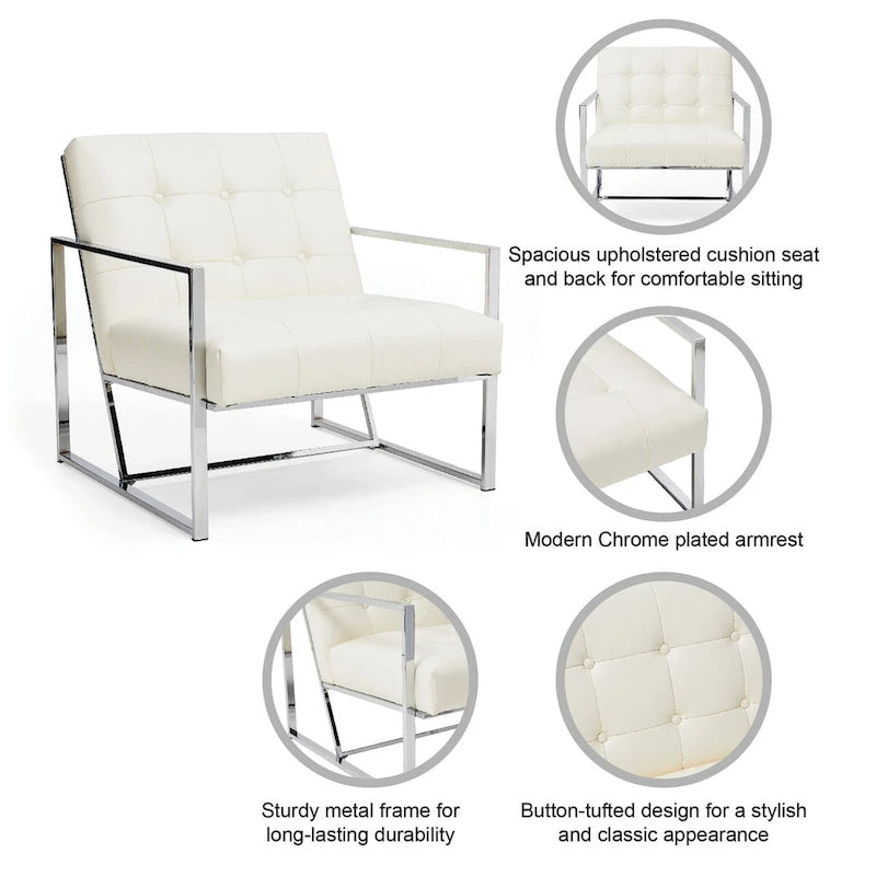 Glitzhome Fauteuil d'appoint touffeté en cuir PU crème, style milieu de siècle, 77,5 cm de hauteur, avec cadre chromé