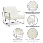 Glitzhome Fauteuil d'appoint touffeté en cuir PU crème, style milieu de siècle, 77,5 cm de hauteur, avec cadre chromé