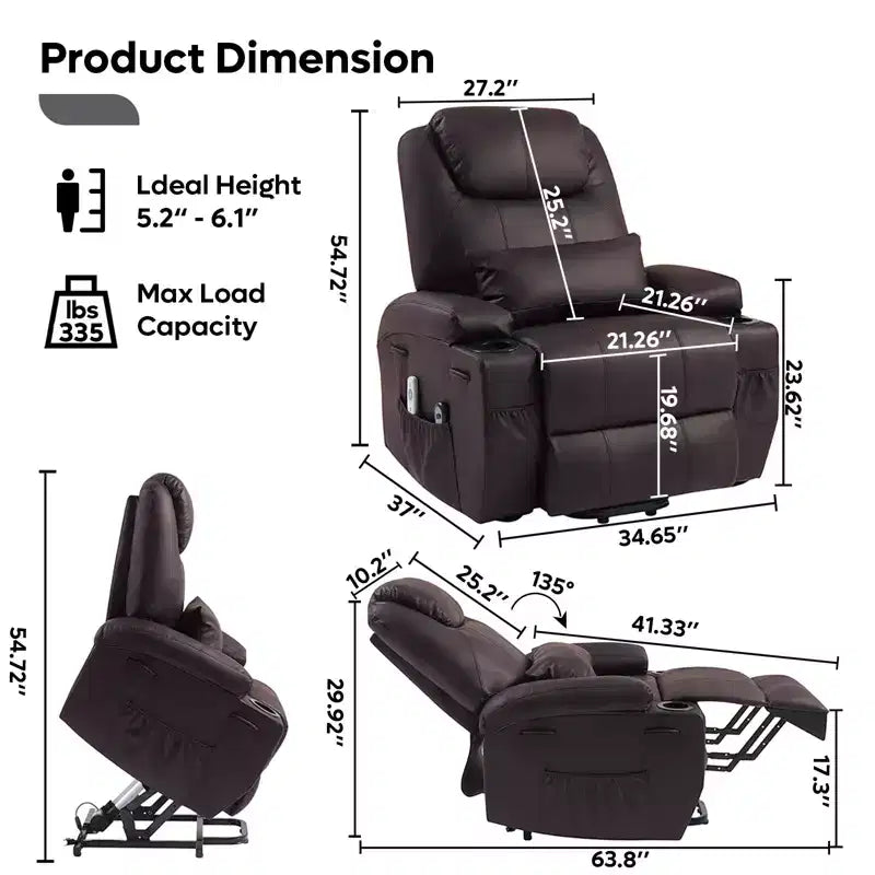 Fauteuil inclinable électrique avec fonction releveur, massage et chauffage Bestier 34,6 po, fauteuil inclinable en similicuir avec poches latérales et porte-gobelets