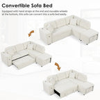 Canapé d'angle 4 places avec lit gigogne, pouf, ports USB et tablette rabattable