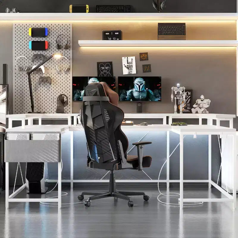 COZONY Bureau de jeu en forme de U/L 78", bureau d'ordinateur réversible avec prises de courant, lumières LED, support de moniteur et étagère de rangement, bureau d'angle pour le bureau à domicile